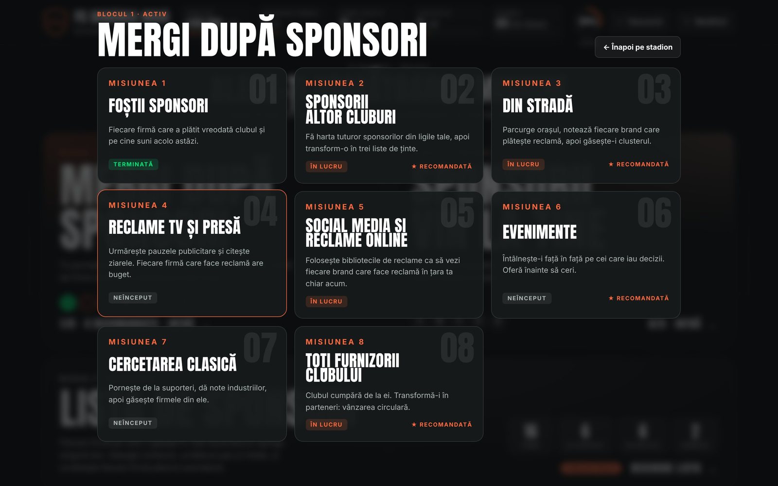 Lista misiunilor din Blocul 1, cu misiunile recomandate pentru club